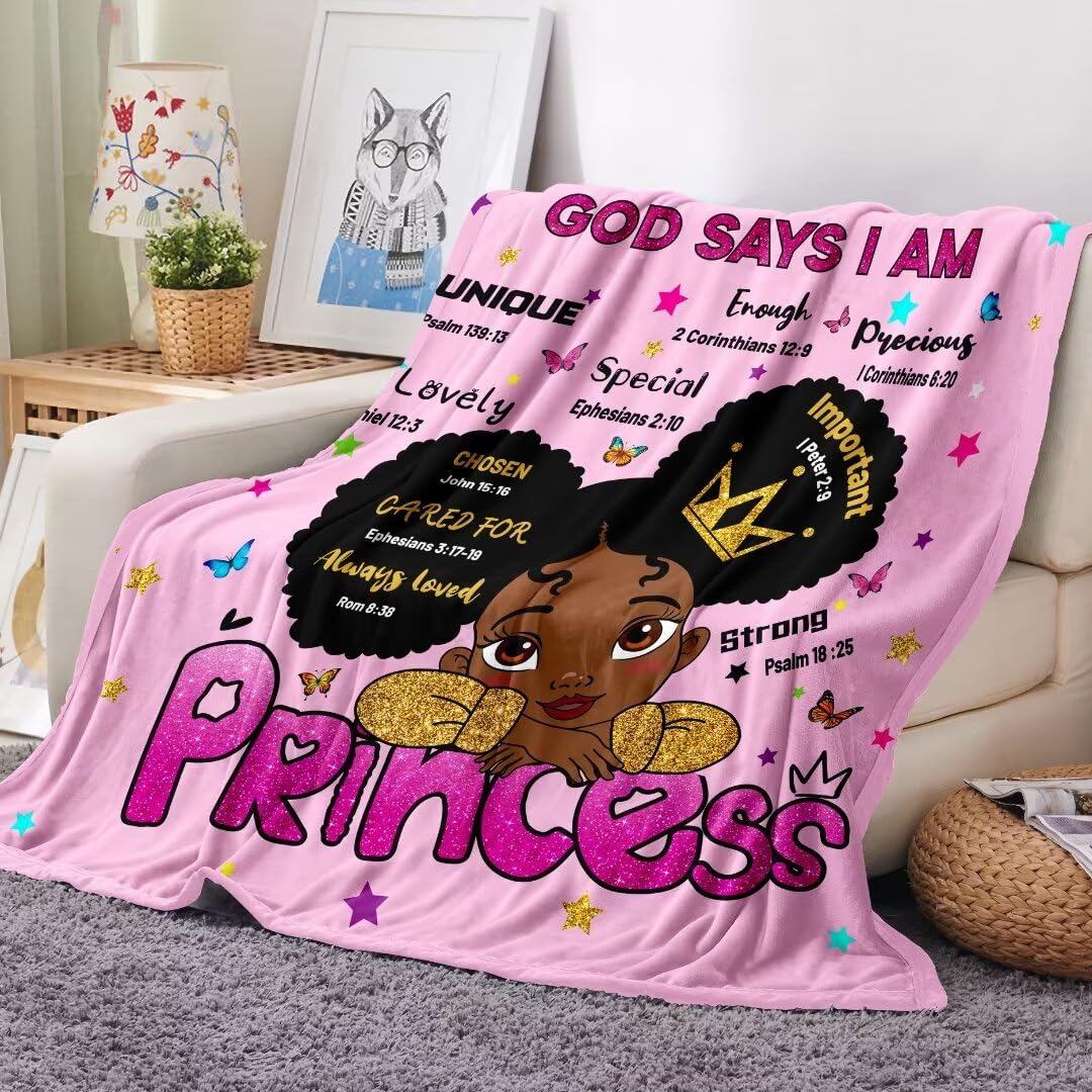 Black Girl Christian Blanket 50x60,Soft Plush Black Girl Magic Fleece Throw Blanket God Says I Am Blanket Religious Inspirational Gifts for Teens Kids