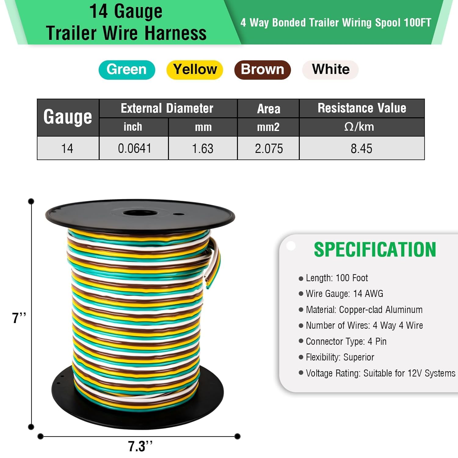 Carrete de cableado para remolque de barco de 100 pies, cable de luz de remolque CCA para todos los remolques de cableado básicos (4 vías, calibre 100 pies-14)