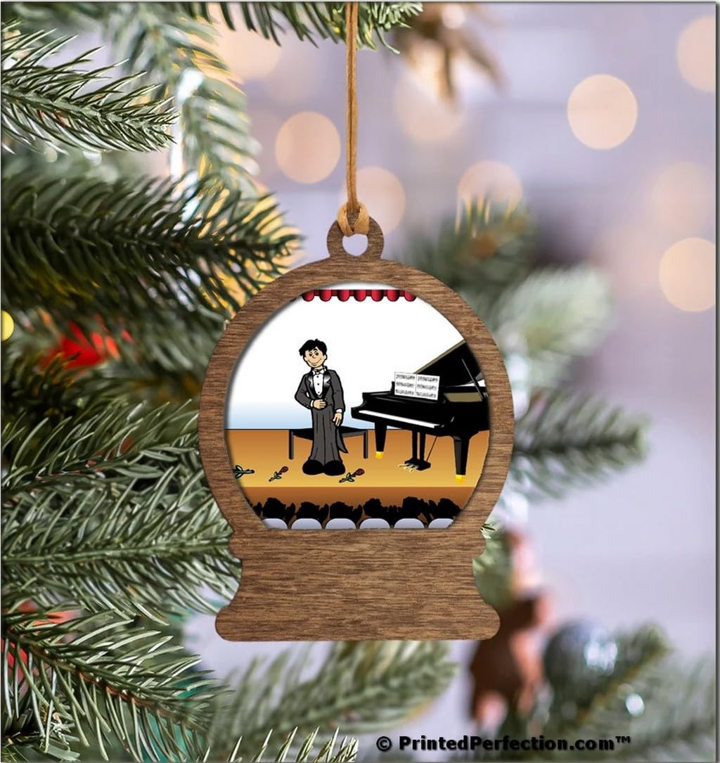PrintedPerfection.com Personalized Piano Player - Male Wooden Snow Globe Shaped Christmas Ornament