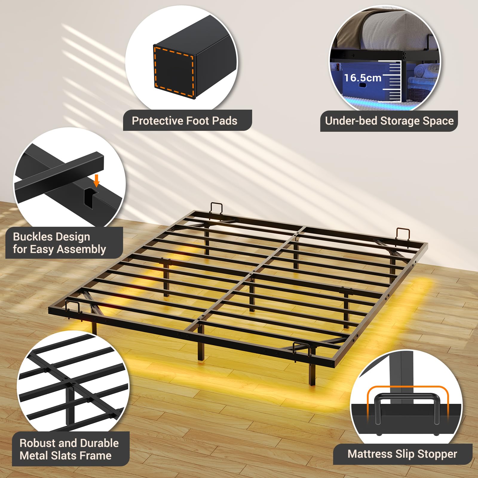 DICTAC Letto 180x200cm con Luce,Struttura Letto a Piattaforma in Metallo con Rete a Doghe Telaio Letto Matrimoniale Facile da Montare, Senza rumori per Modernità Camera da Letto, Nero