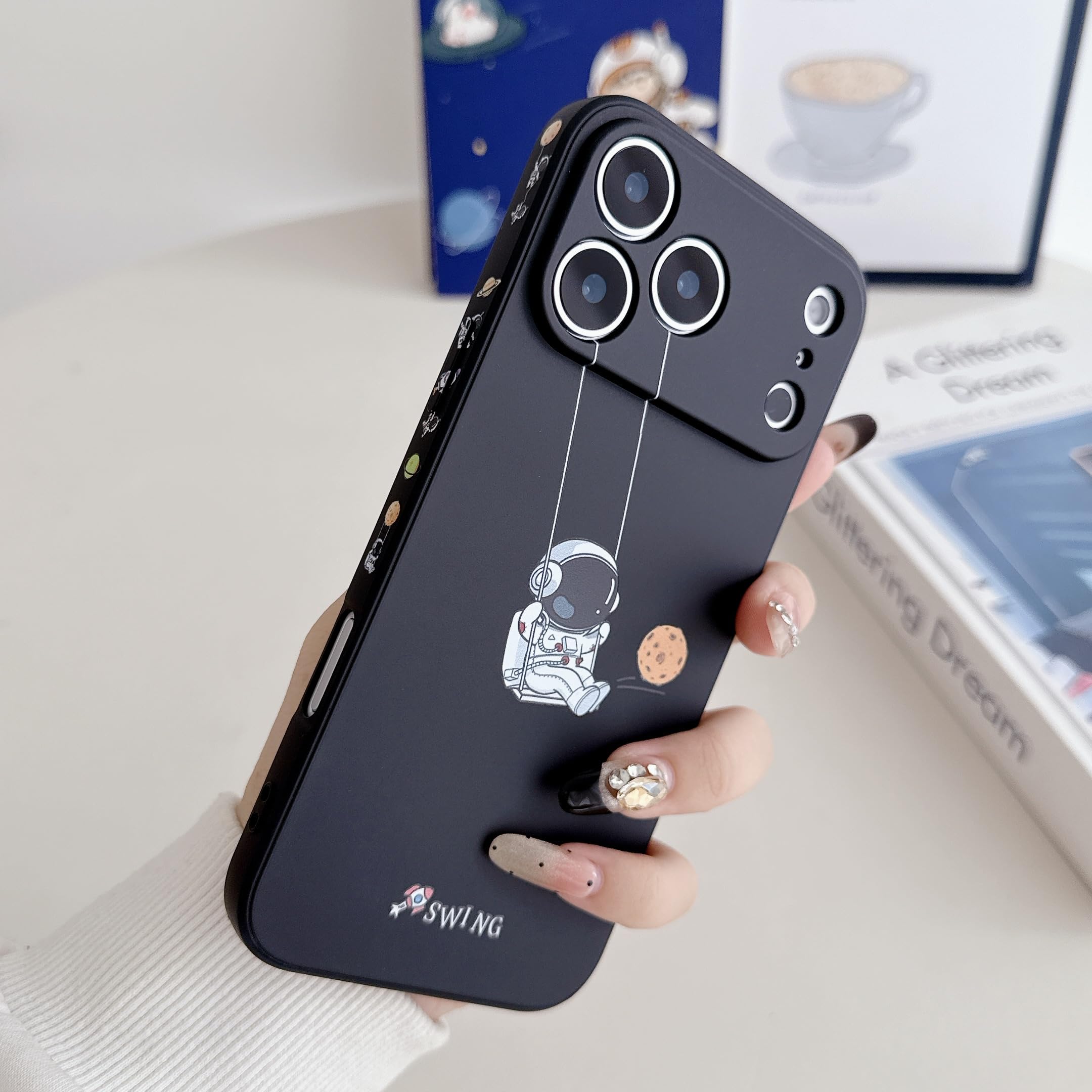 Yonds Queen for iPhone 17 Pro Cute Case, Cool Cartoon Swing Astronaut Planet Moon Space Design Stylish TPU Bumper Shockproof Anti-Slip Protector Fashion Case (Black Planet, iPhone 17 Pro) — view 2