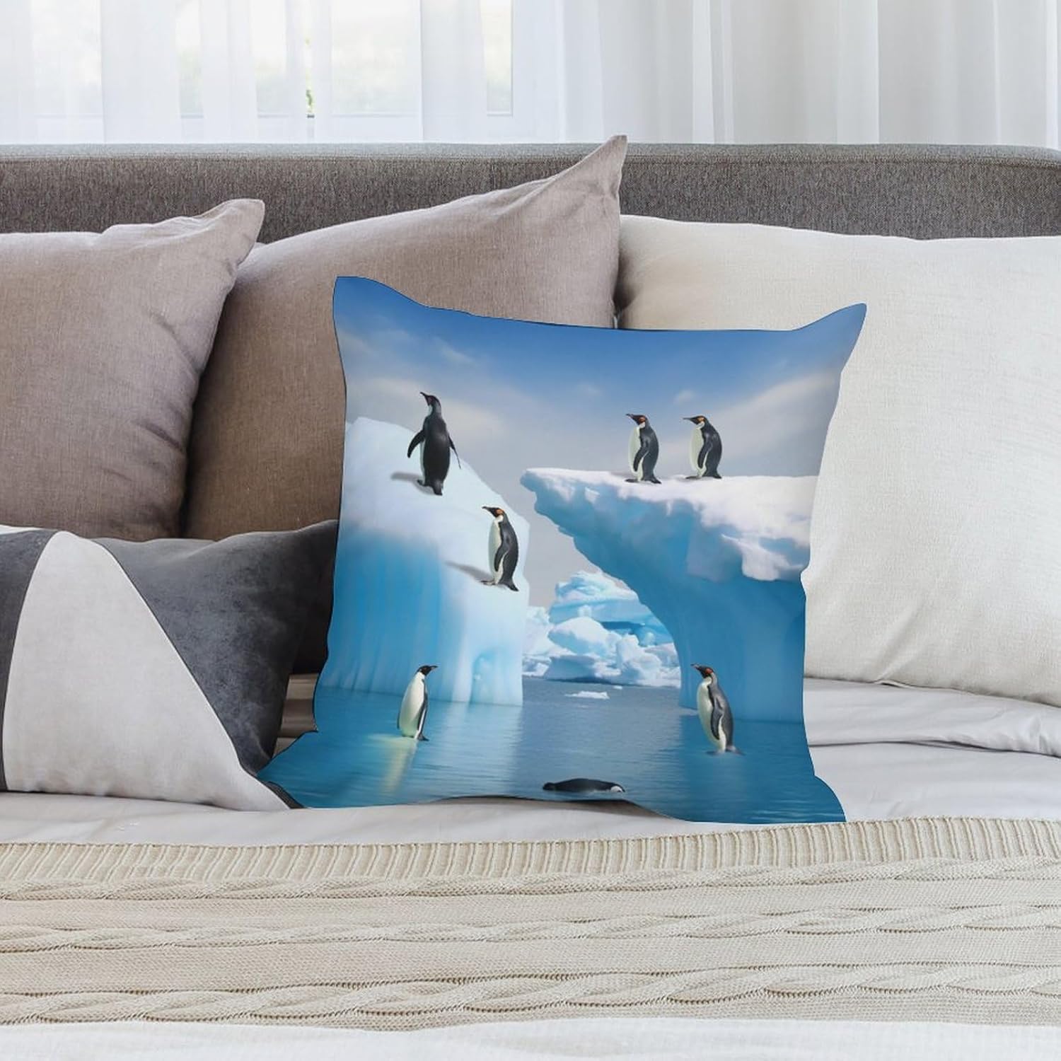 Zippered Pillow Cover, Pillow Protector, Penguins On The Iceberg Printed Pillow Cover of 4, Pillow Not Included