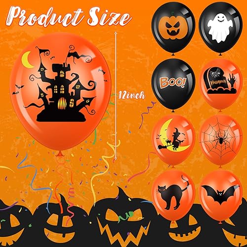 Miniatura 2 de 45 piezas de decoración de globos de Halloween, globos de látex negro y naranja para helio con diseños de calabaza, fantasma, murciélago, telaraña y