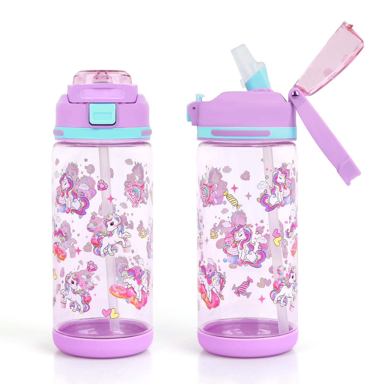 Kids Water Bottle 20oz Durable Leak-Proof Plastic Water Cup for Kids Toddlers With Straw Handle and Pop-Up Spout