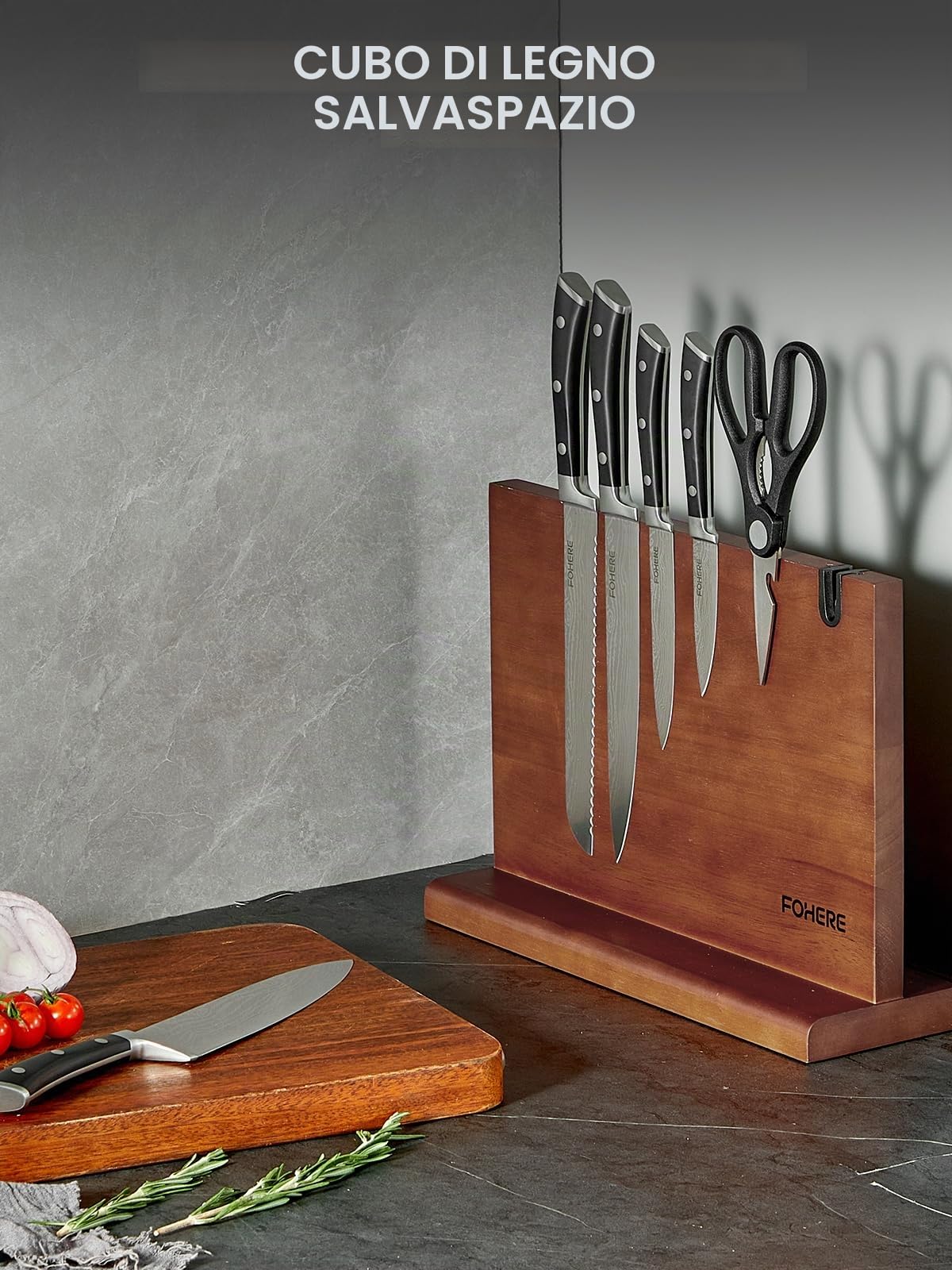 FOHERE Set di Coltelli da Cucina 7 Pezzi in Acciaio Inossidabile, Set di Coltelli con Ceppo Portacoltelli Doppio Lato Magnetico, Coltello da Cucina con Porta coltelli Magnetico in Acacia
