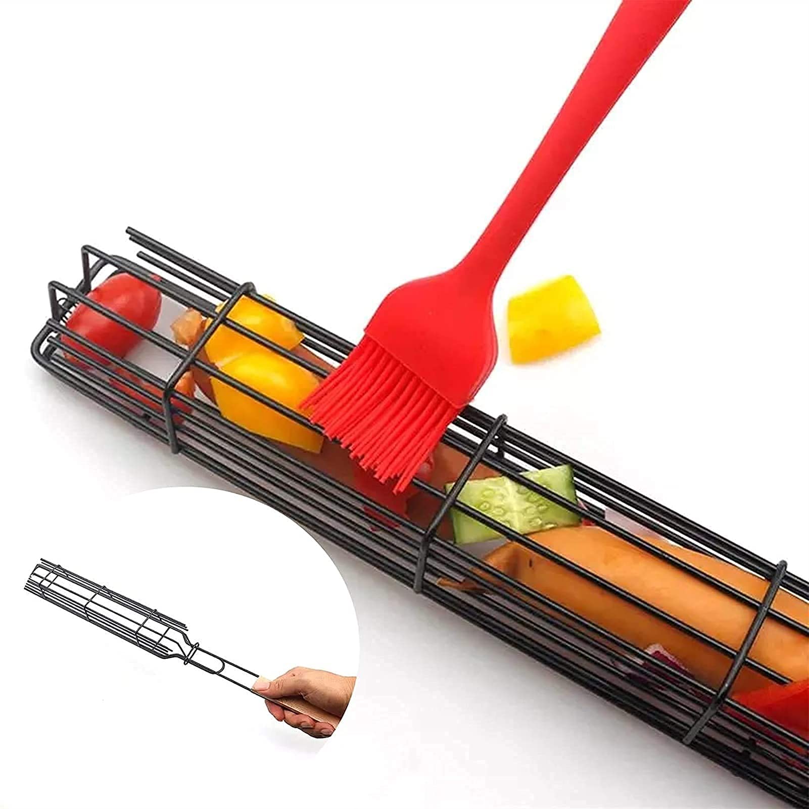 Cesto per Barbecue a Manico Lungo-Cesto per Barbecue Compagno di Carbone griglia per Barbecue in Acciaio Inossidabile Antiaderente Set di cestini per Barbecue Verdure in Legno anticorrosive durevoli