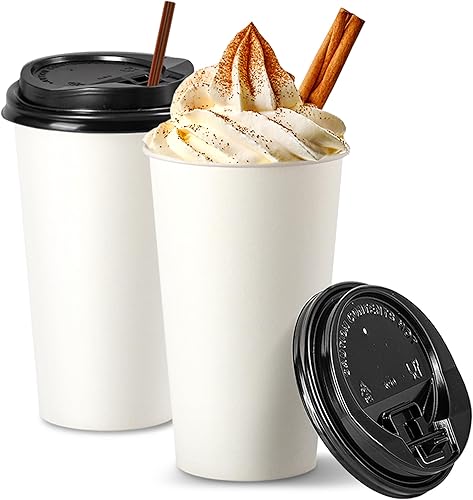 Paquete de 100 Tazas de café de papel desechables de 16 onzas con tapas negras, tazas de café para llevar con tapas para bebidas frías y calientes,