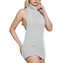 Womens Sexy Backless Turtleneck Sleeveless Sweater in Gray, Cosplay Lingerie, Killer Sweater Set with Stockings, One Size