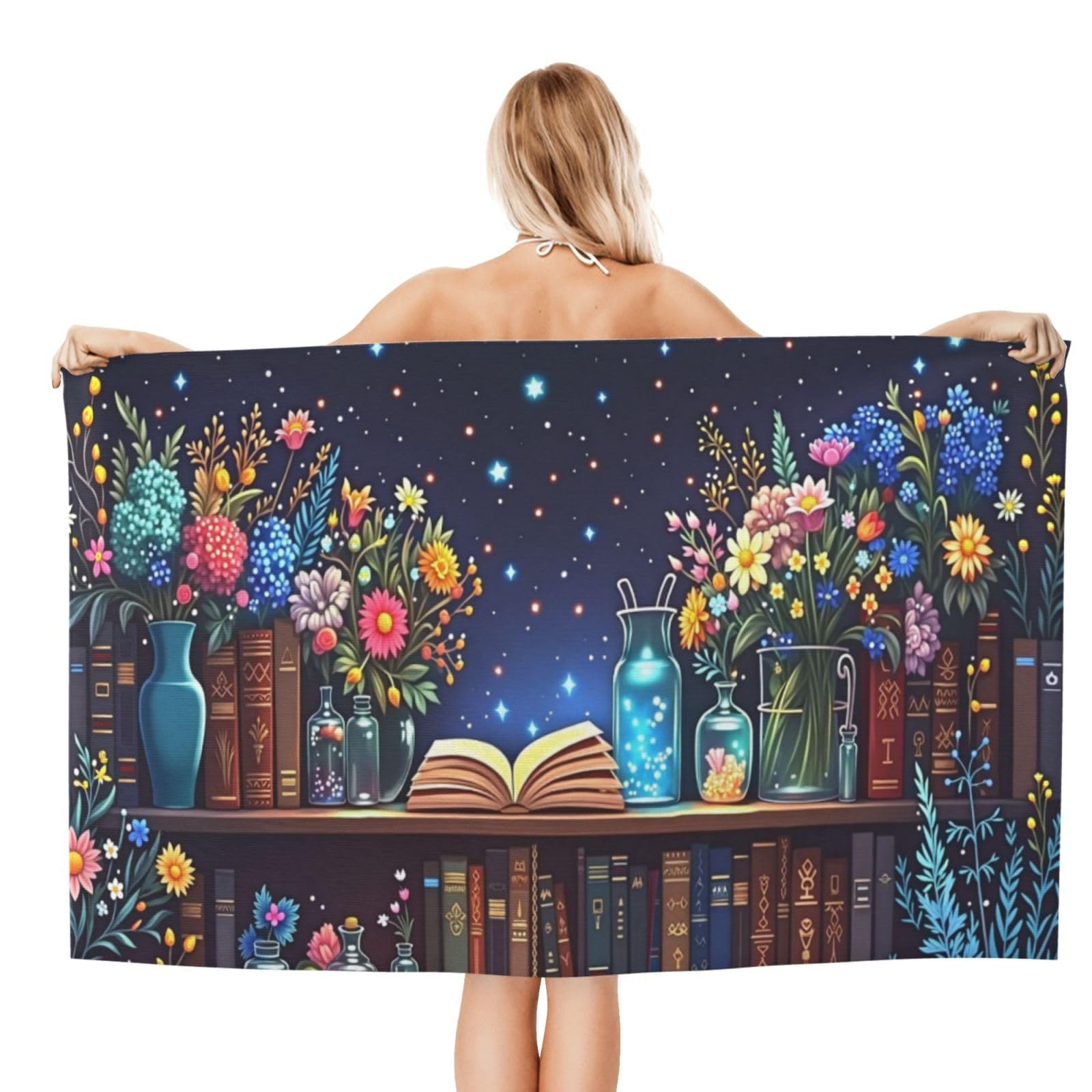 Anceky Beach Towel for Women, Floral Bookshelf Sand-Free Microfiber Ultra Soft Lightweight Bath Towels for Outdoor Bathroom Swimming 32"X52"