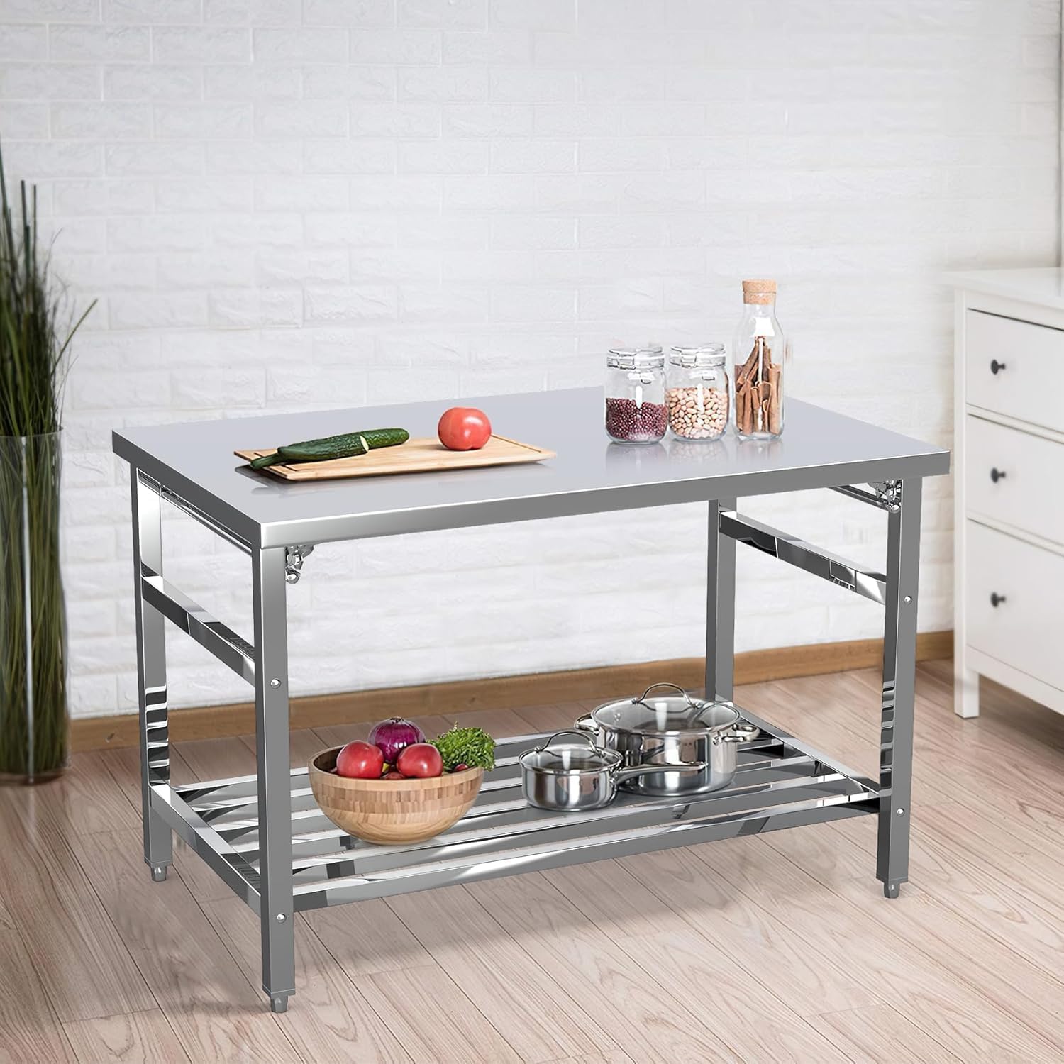 48 x 30 Inch Stainless Steel Work Table, NSF Commercial Heavy Duty Folding Kitchen Prep Table, Cooking Work Station with Adjustable Undershelf for Restaurant, Kitchen, Food Service