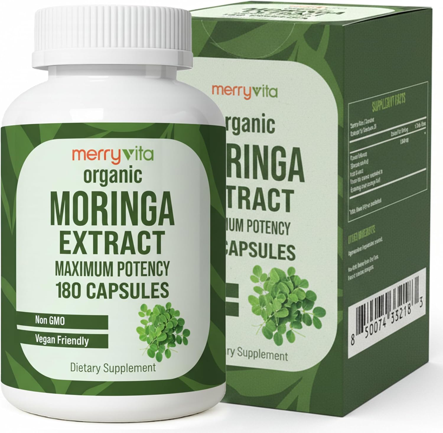 MERRY VITA Organic Moringa Capsules – Moringa Oleifera Leaf Extract – Moringa Supplement – Maximum Potency Green Superfood – Immune & Antioxidant Support – Vegan, Non-GMO – Made in USA – 180 Capsules