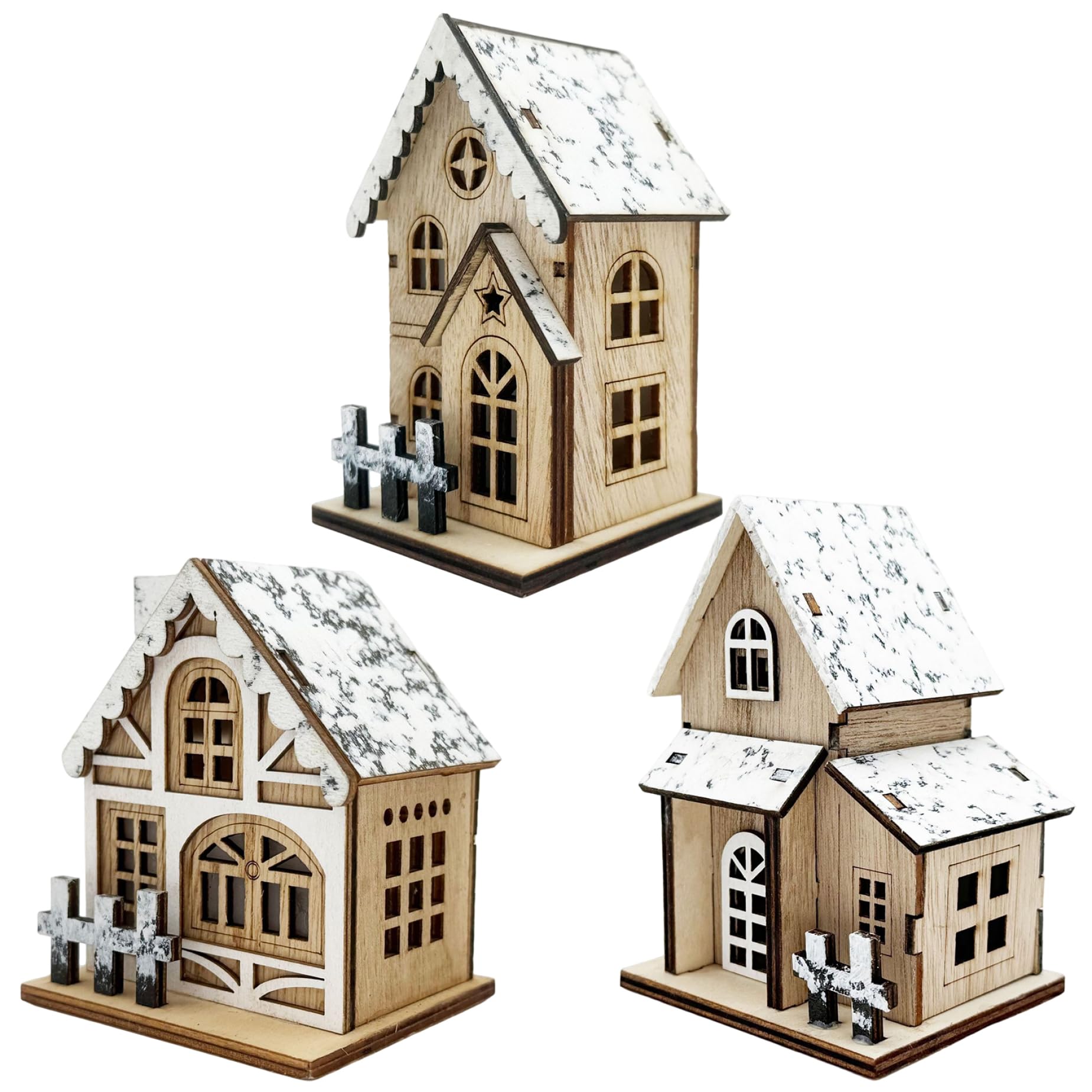 Gcroet 3PCS/Set Christmas Village Houses Light Up Wood Snow Roof Christmas Village for Xmas Table Centerpieces Holiday Home Decor
