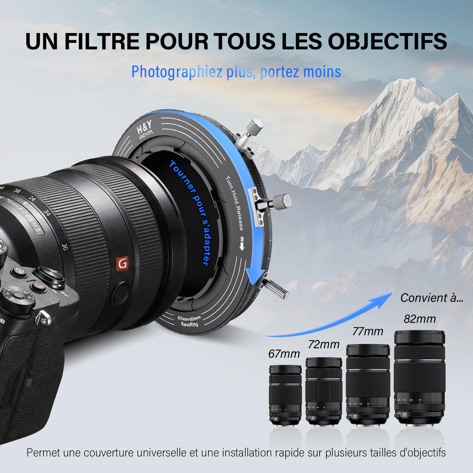 H&Y RevoRing MKⅡ 62mm 72mm 77mm 82mm Filtre ND Variable et polariseur Circulaire Objectif Photo 3-en-1 VND (ND3-1000) avec Bague d'adaptation réglable 22 Couches nanocoaté