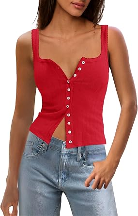 Panadila Womens Ribbed Square Neck Tank Top Summer Button Down Tanks Sleeveless Knit Tops Going Out Outfits