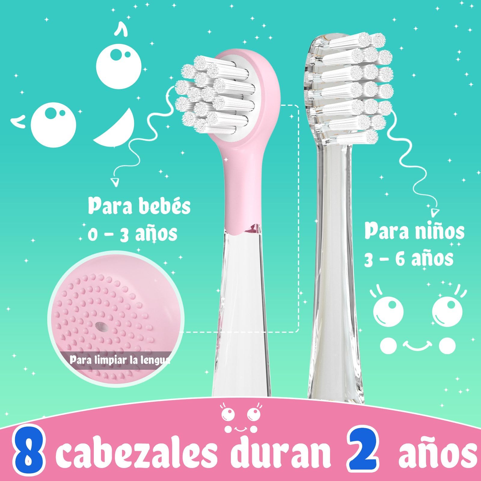 seago cepillo electrico infantil recargable, cepillo dientes bebe con luz LED, temporizador y 8 cabezal de recambio para niños mayores de 2 años, IPX7, SG2139(Rosa)