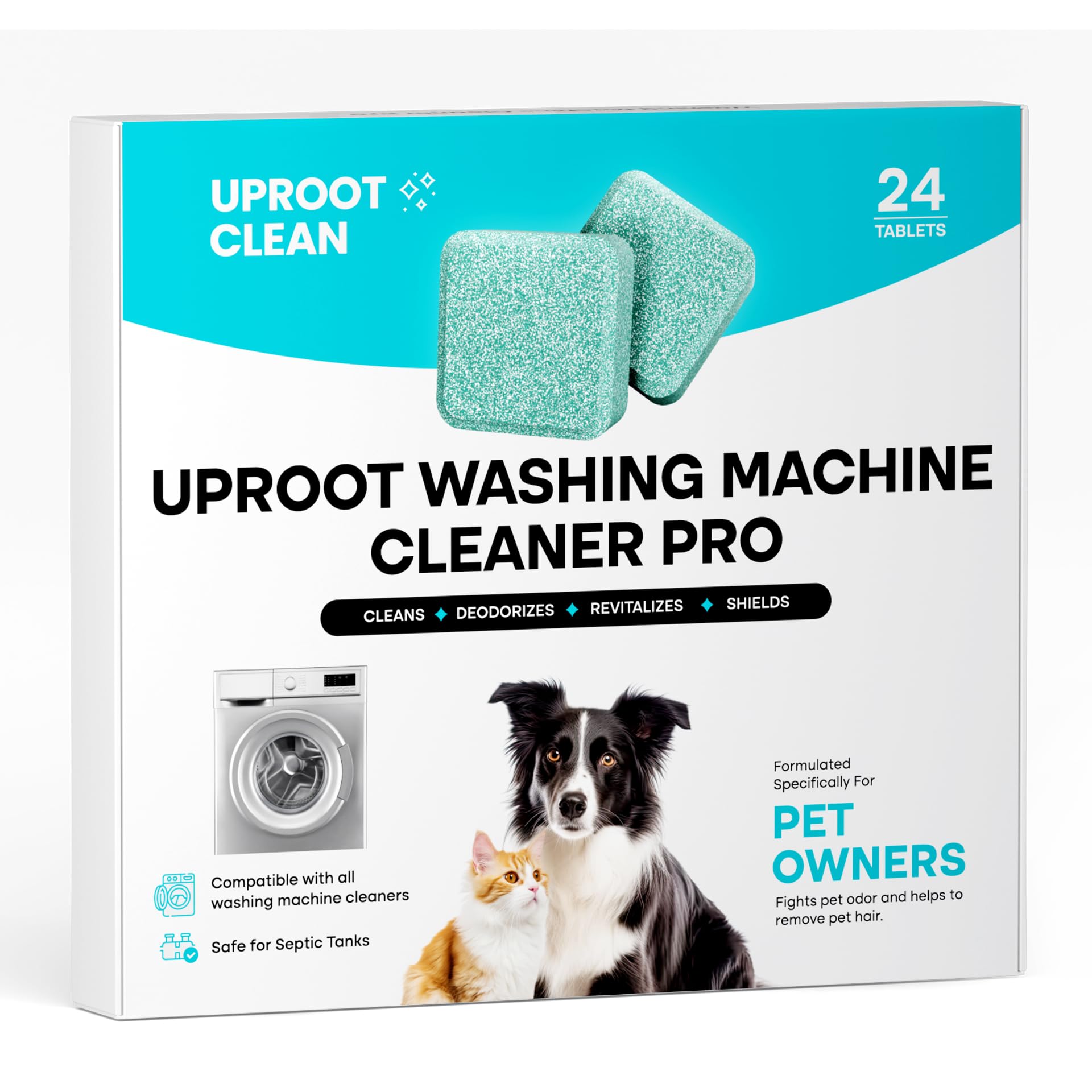 Washing Machine Cleaner Tablets - 24 Pack for a 12 Month Supply. Formulated for Pet Owners. Compatible with HE, Top & Front Load. Easily Removes Residue, Grime, and Odors. Septic Safe.