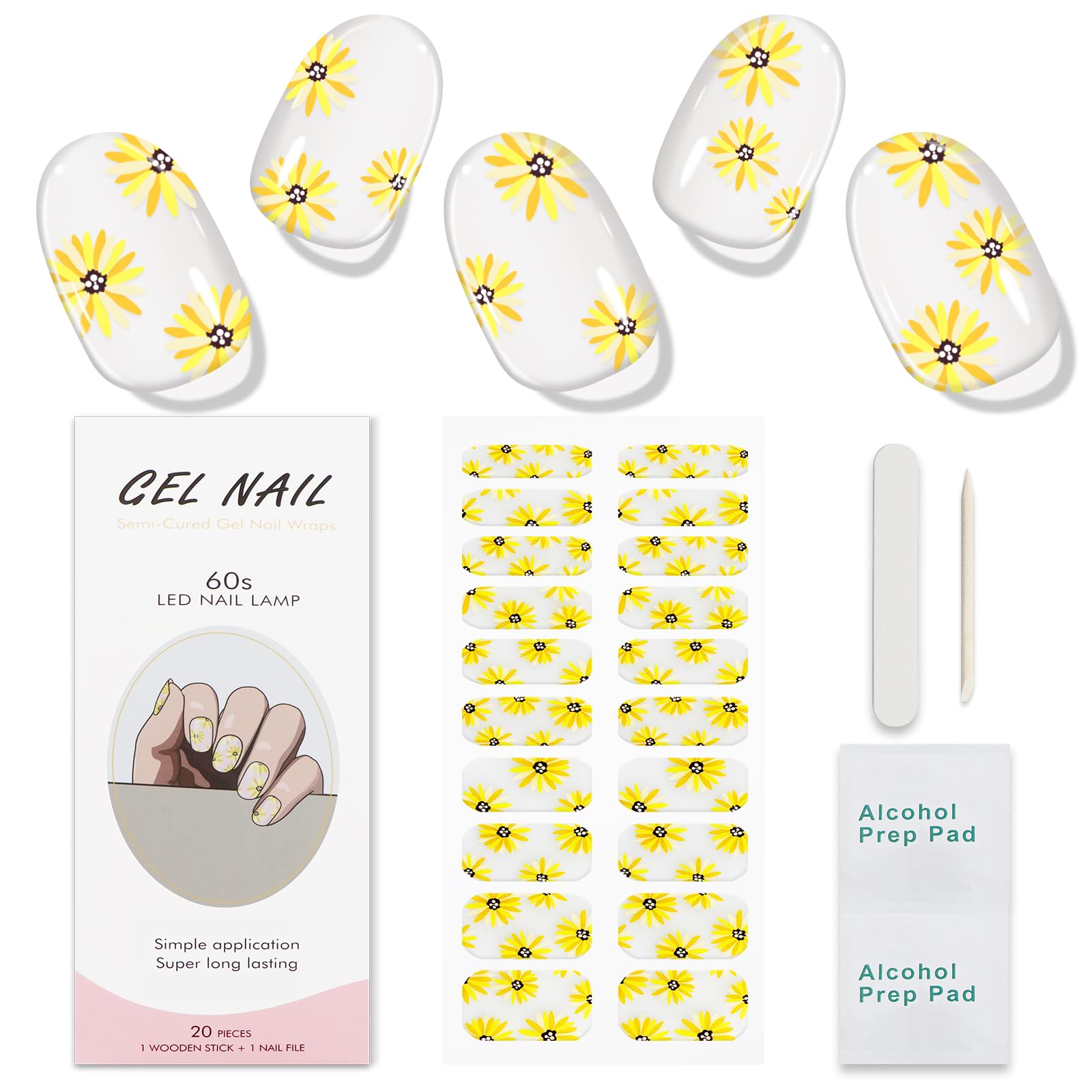 JMEOWIO Gel Nail Stickers Sunflower Daisy Flower Semi Cured Gel Nail Strips Wraps UV/LED Nails Art Design Decoration Accessories - Image 2
