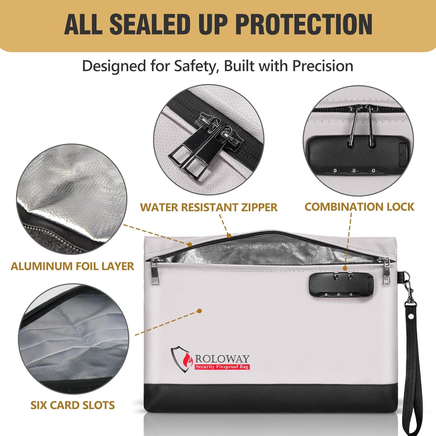 ROLOWAY Fireproof Money Bag with Lock for Cash, 6400°F Fire Proof Document Bag (12.2 x 8.5 x1.6 inches), Money Pouch with Zipper (Gray) - Image 6