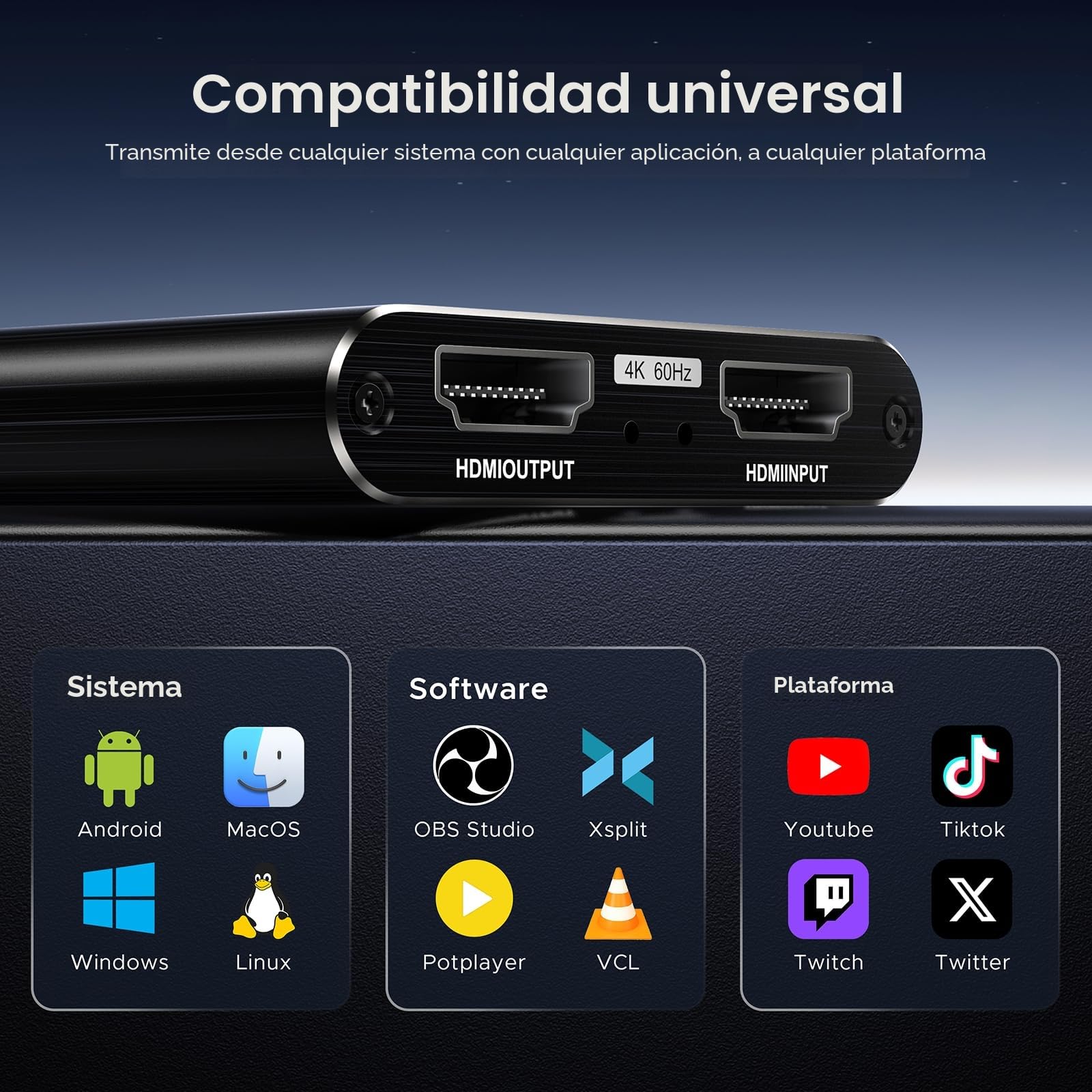 XIIXMASK capturadora de Video, capturadora Audio y Video, Tarjeta de Captura USB 3.0 4K HDMI Loop-out, 1080P 60FPS/2K 30FPS Captura de Videojuegos para PS5/Switch/cámara/PC/OBS（Negro）