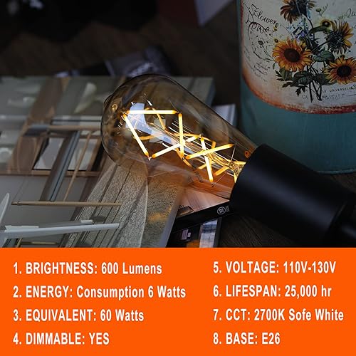 Miniatura 5 de OMED Bombillas LED Edison vintage regulables, ST64 2700 K, filamento blanco suave de espina de pescado, bombillas Edison antiguas con base E26