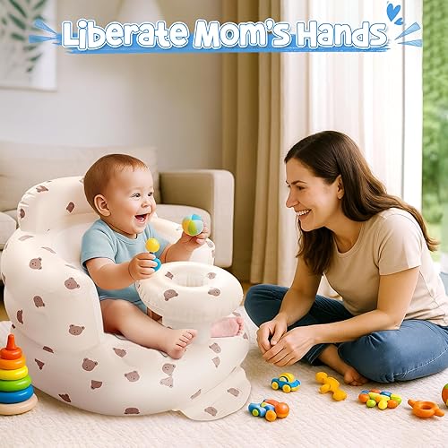 Miniatura 3 de Arscniek Asiento inflable para bebé con bomba de aire integrada, silla de bebé inflable con soporte trasero y bandeja, asiento de piso para bebés de