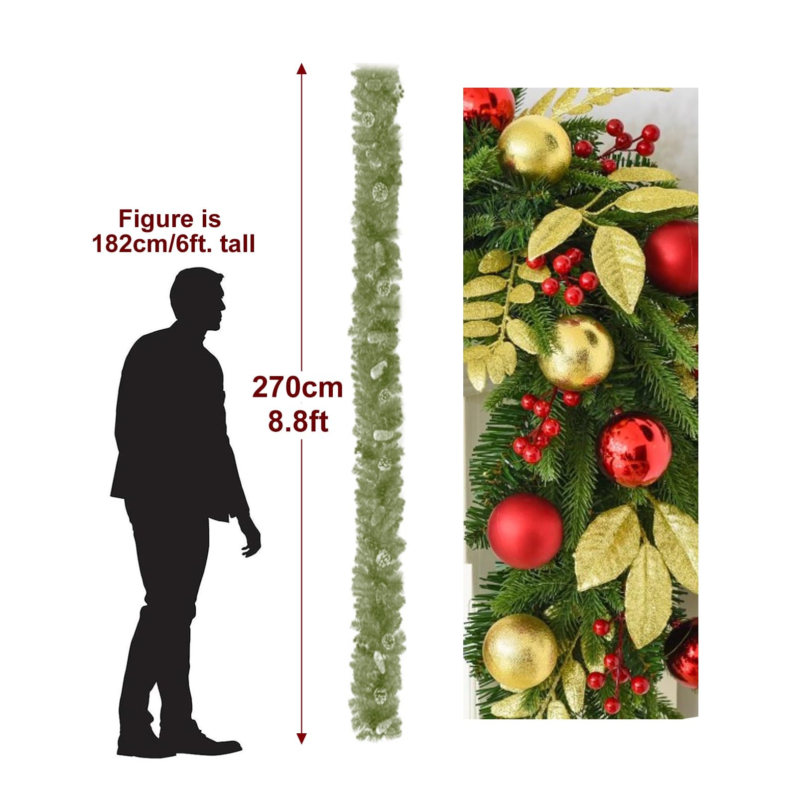 2,7 m Christmas Garland, Decoracion Navidad, Guirnaldas de Navidad, para Repisas, Escaleras, Decoración Al Aire Libre(Gold)