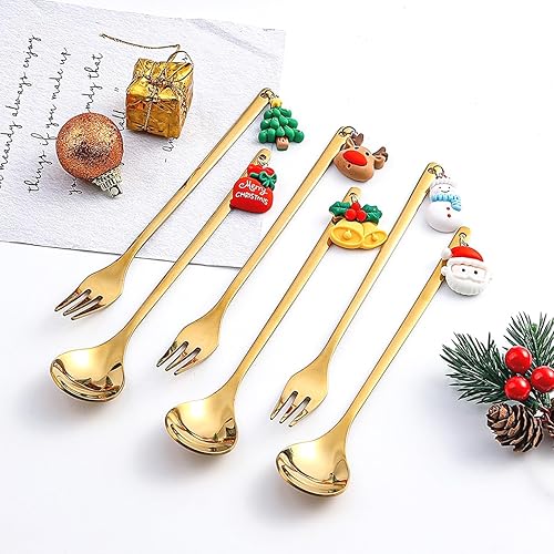 Muñecas de Navidad de acero inoxidable, cucharas y tenedores para café, postre, té, sopa, cucharas para revolver, pasteles, tenedores de frutas,