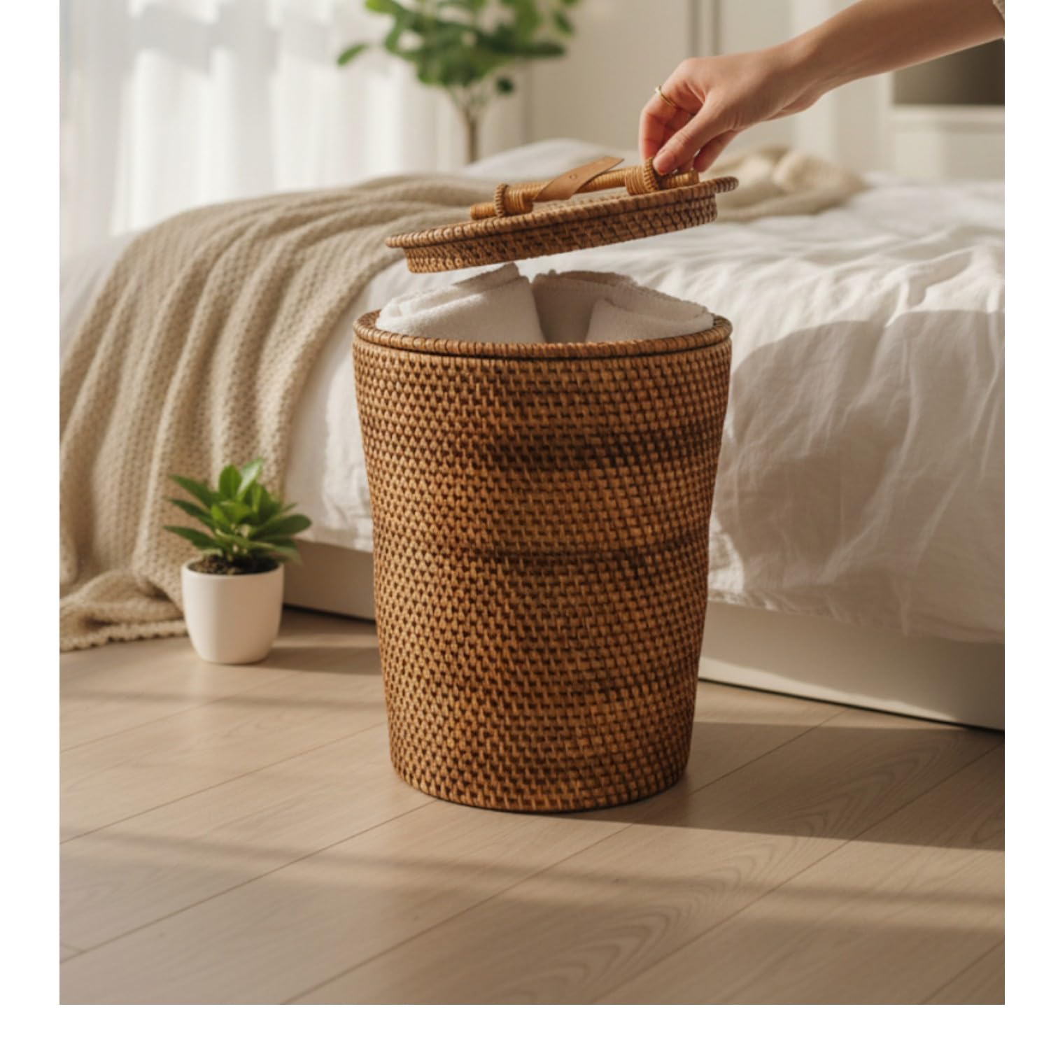 Panier à linge rotin tressé naturel avec couvercle, corbeille de rangement