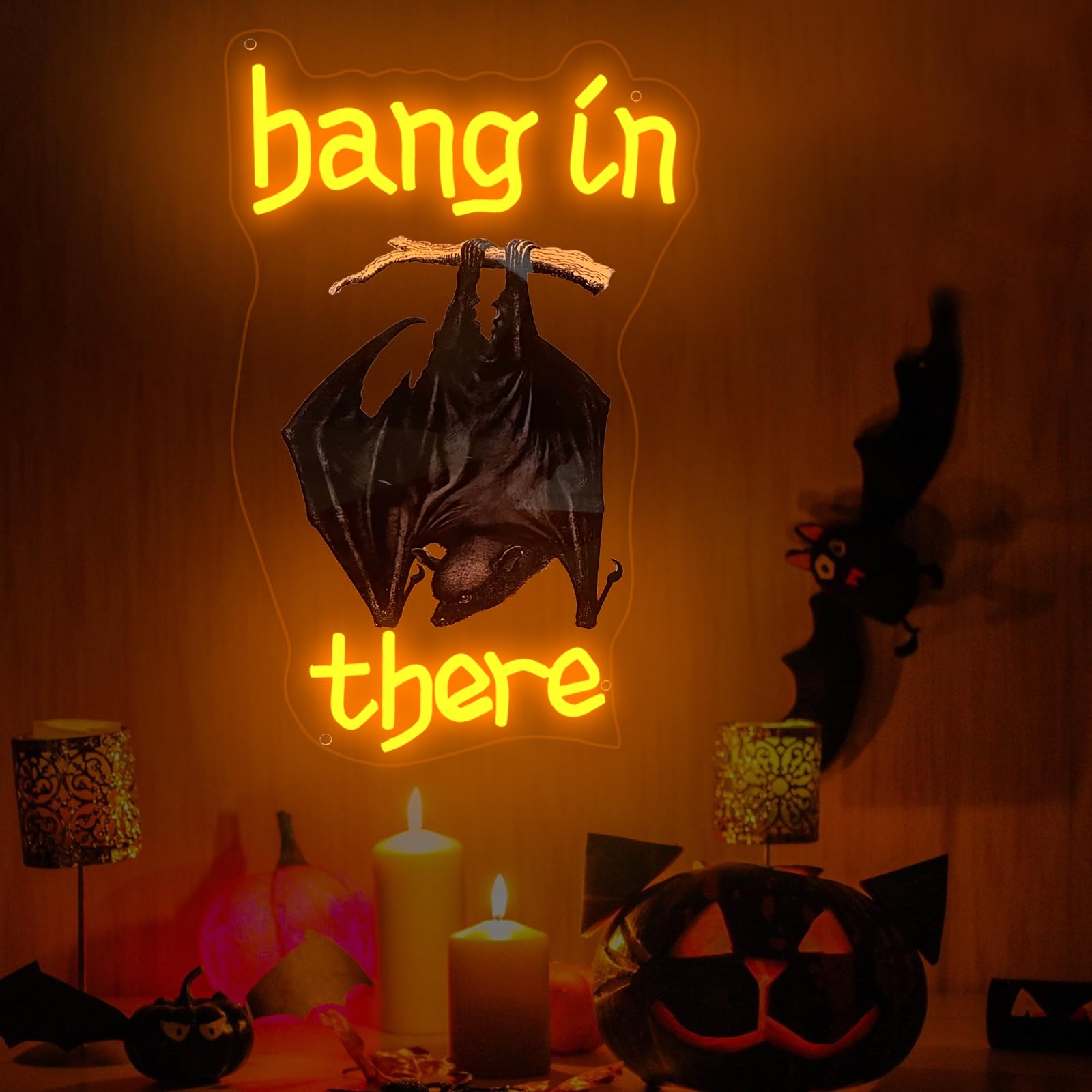 Bat Hang In There Neon Sign, Goth Lover Gift, Gothic LED Neon Light Decor, Vintage Font Decor, Dark Art Light Sign, 16.5"x9.8"