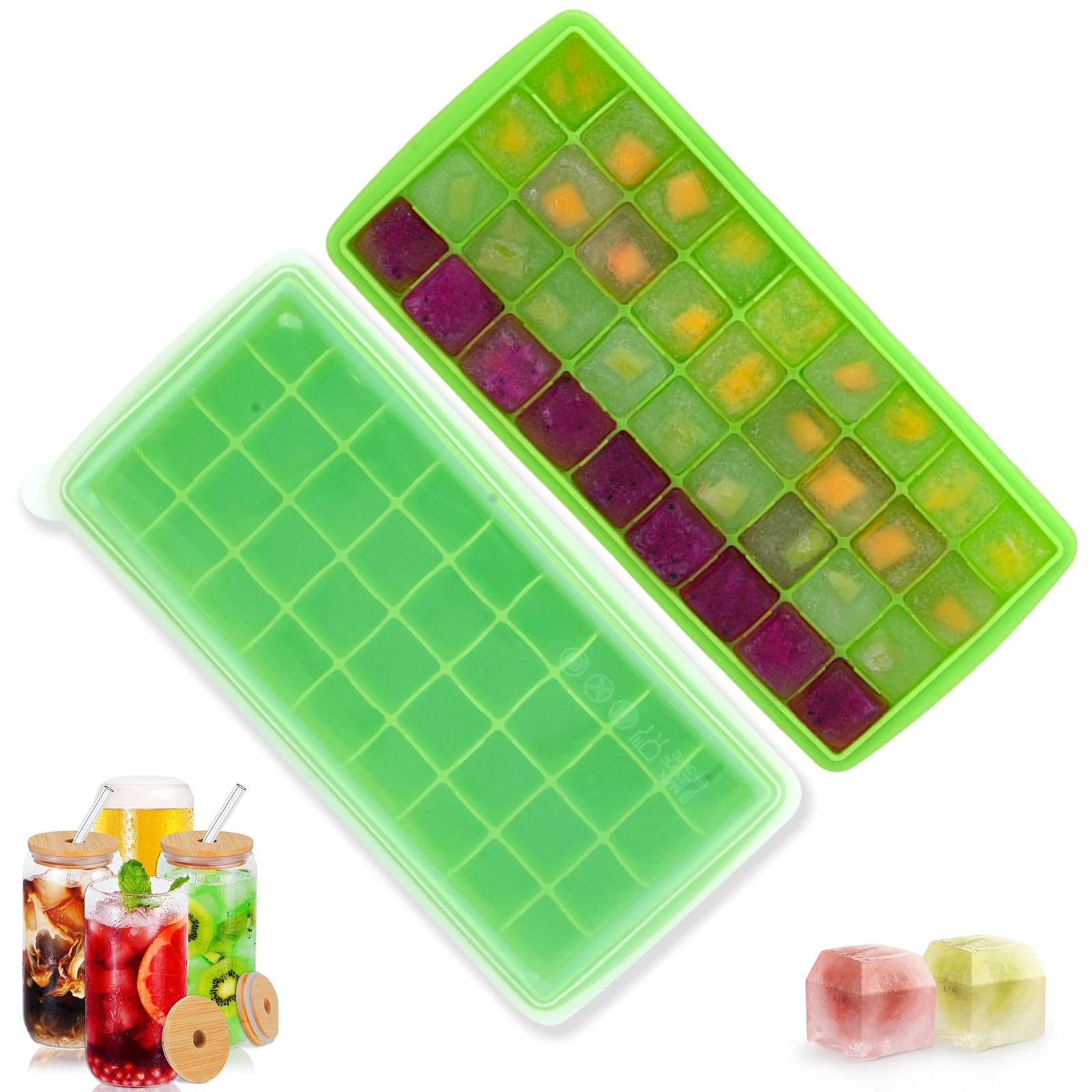 Silicone Ice Cube Tray Mold for Freezer, Mini/Small/Large Square Souper Ice Cube Mold with Lid and Bin for Whiskey, Cocktail, Coffee, Drinks,Baby food（72 pcs)