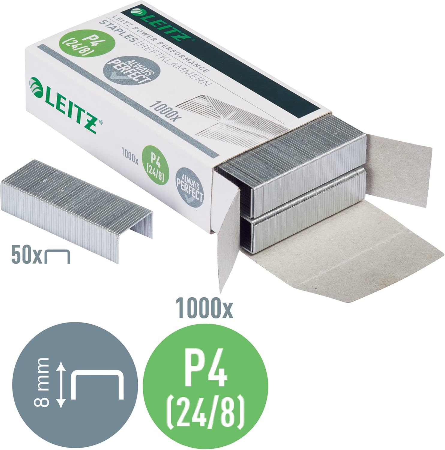 Leitz Power Performance Heftklammern P4 (24/8mm) P3 (24/6mm), Verzinkt (P4 24/8, 10 x 5000 Stück)
