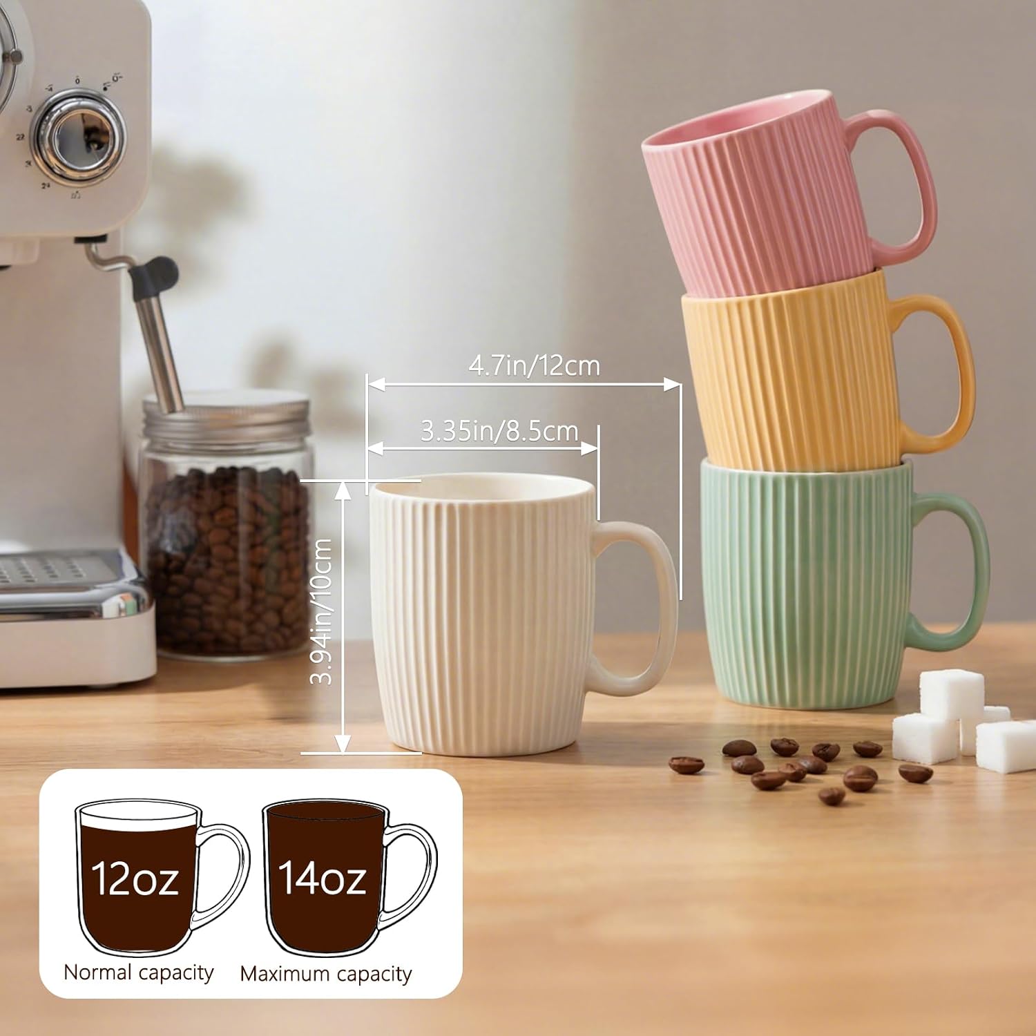 Coffee Mugs Set of 4, 14oz Ceramic Coffee Cups Set, Modern Ribbed Striped Coffee Cups with Large Handles for Latte, Tea, Cocoa, Dishwasher & Microwave Safe, Lead-Free, Stackable