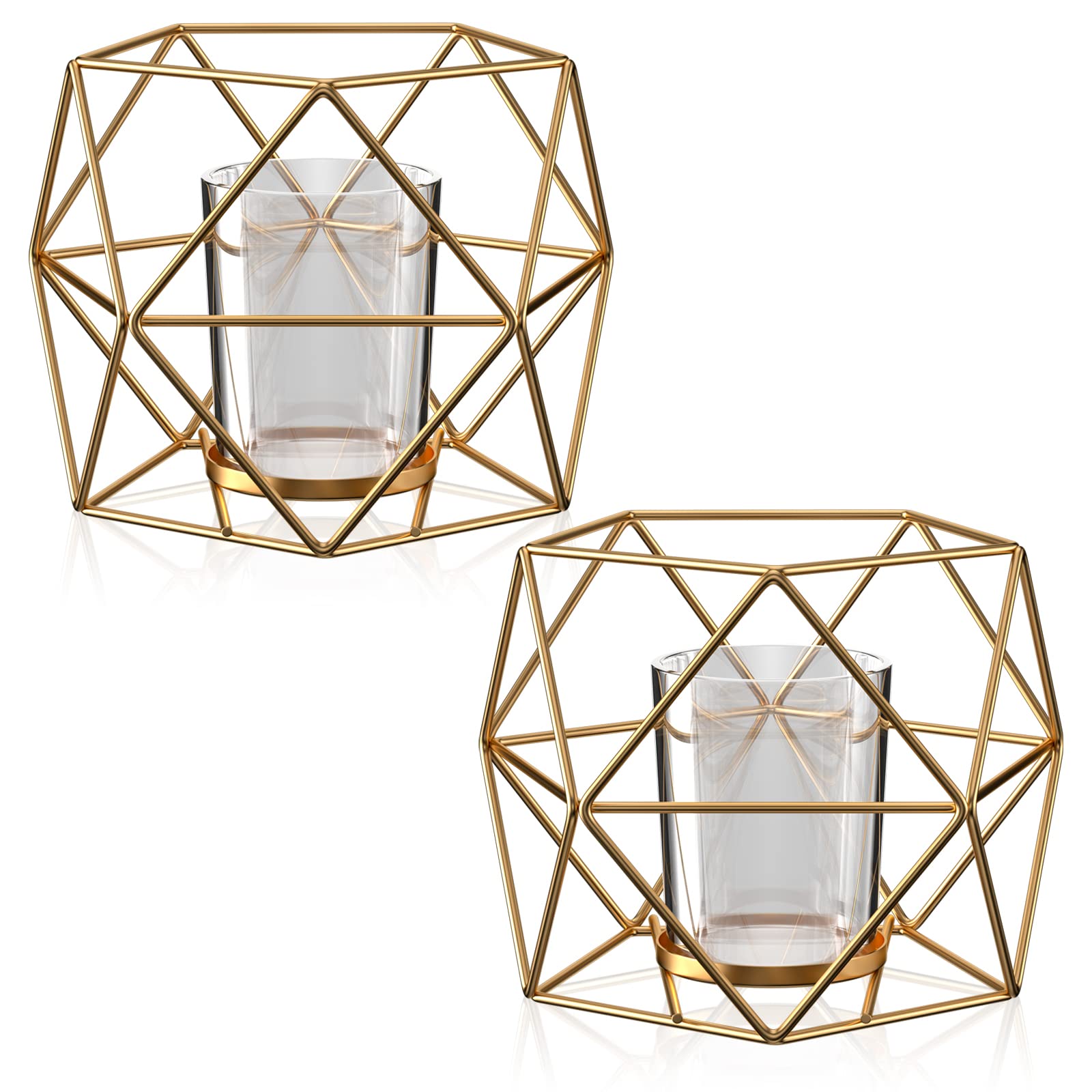 Gvolatee 2 Piezas Portavelas Geométricos de Metal, Candelabros Decorativos de Velas, Candelabro de Hierro Hueco, Soporte de Luz de Té para Bodas, Ceremonia, Aniversario, Días Festivos, Fiestas (Gold)