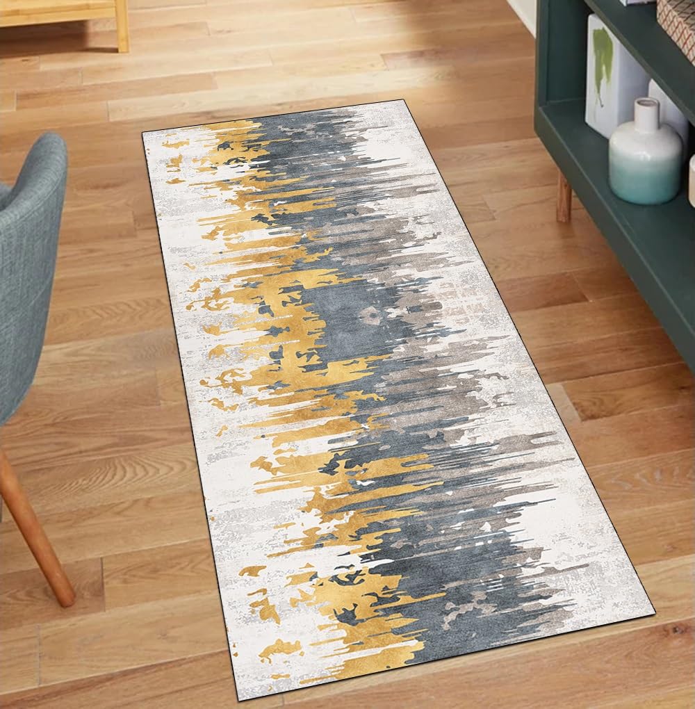 Alfombra de pasillo 110x200 cm lavable y antideslizante gris y dorado