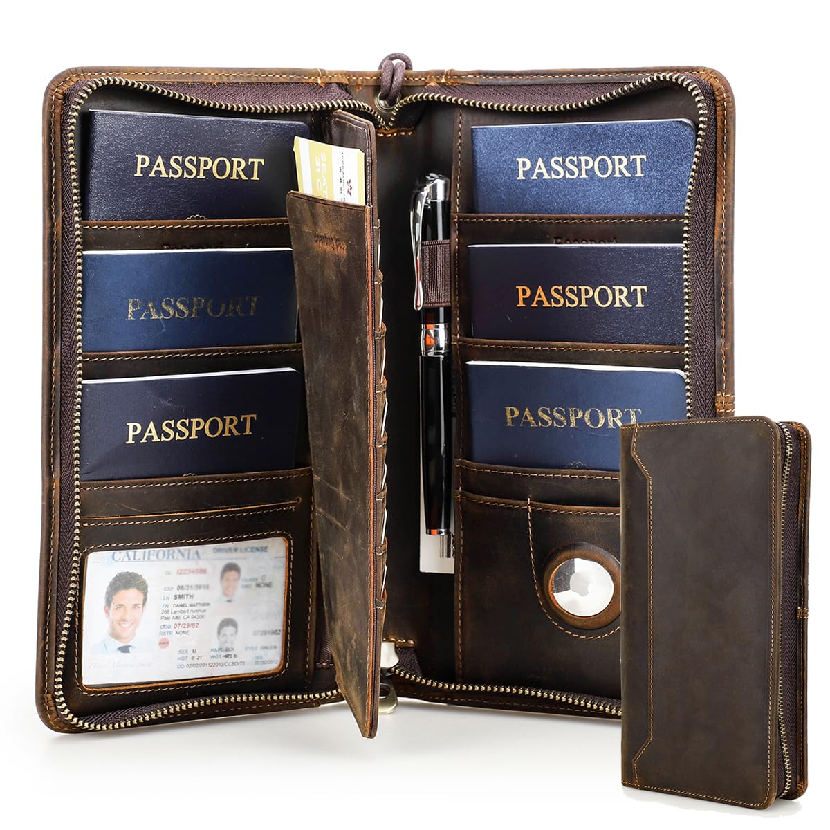 Contacts Porta passaporto in vera pelle con RFID e slot Airtag da viaggio passaporto portafoglio organizer per carte, Caffè, for 6 Passports, Vintage