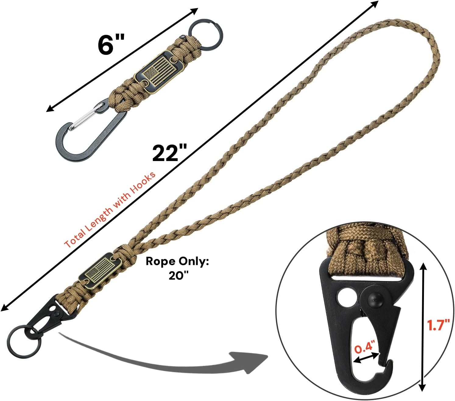 8 Pcs Paracord Lanyard with USA Flag, Heavy Duty Parachute Rope Keychain, Outdoor Lanyard with Carabiner, Wrist Braided Strap for Men, Keys, Camera, Whistle, Wallet, ID Card Badge Holder - Image 2