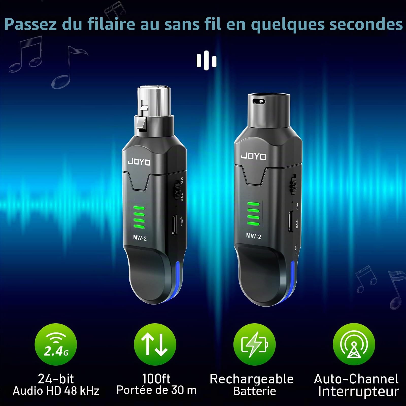 JOYO Système Micro sans Fil 2.4GHz 4 Canaux - Émetteur/Récepteur XLR pour Micro Dynamique/Phantom, Adaptateur pour Sono, Mixer Audio, Église, Studio (MW-2)