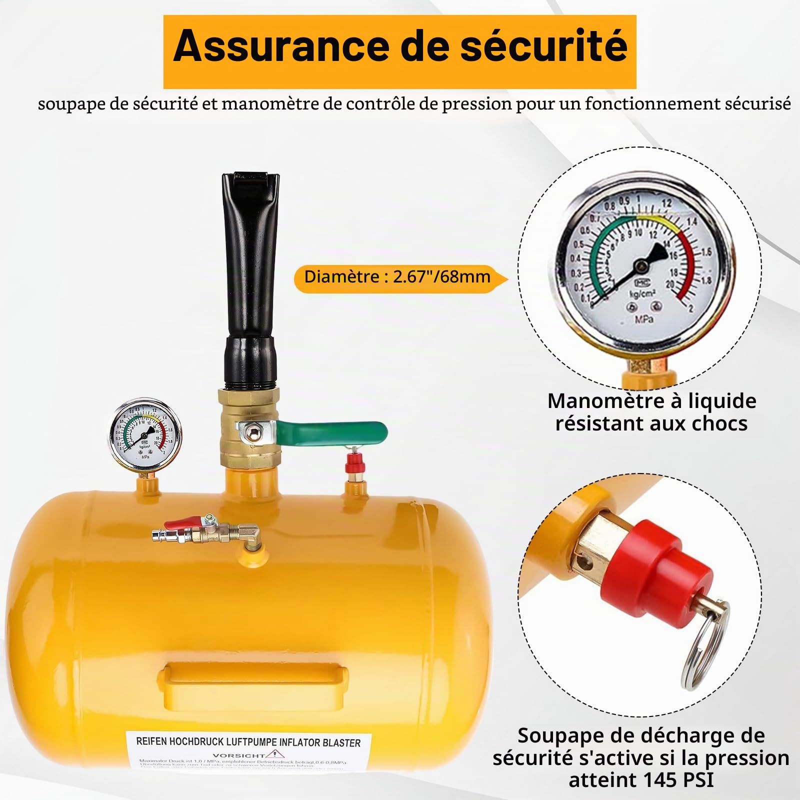 FreeTec Gonfleur Booster Pneu, 20L 5 Gallon Bonbonne Air Pneus, 6-8 Bar Gonfleur Jante Style Canon à Air et Bazooka avec Manomètre & Soupape de Sécurité pour Pneus 12R (24.5") Camion Tracteur, Jaune