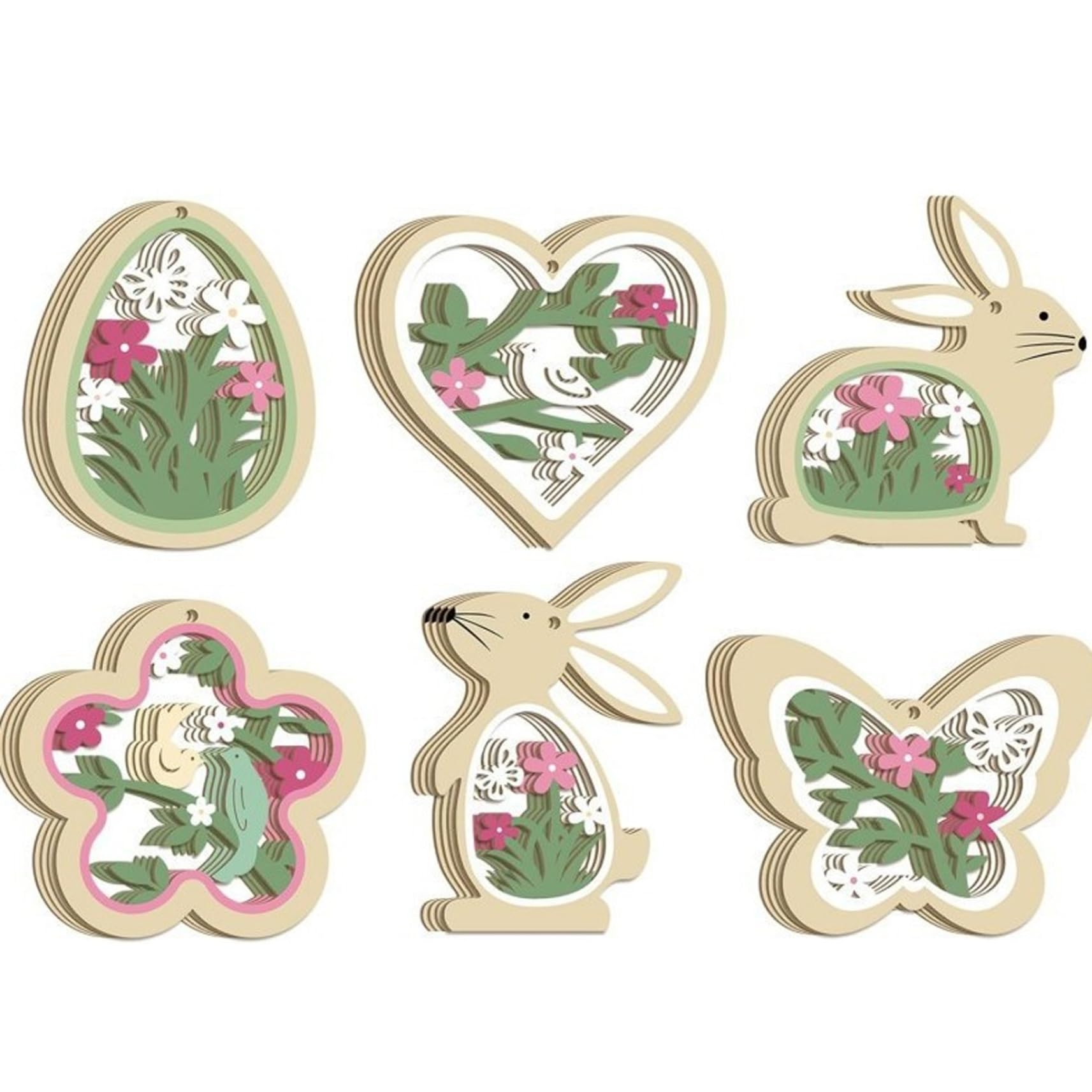 Hotainoys Green Bunny Ornament 24Pcs 6 Styles Hanging Easter Tree Ornaments Wood Flower Butterfly Egg Heart Rabbit Easter Decorations For Home Crafts Spring Party Bunny Ornament