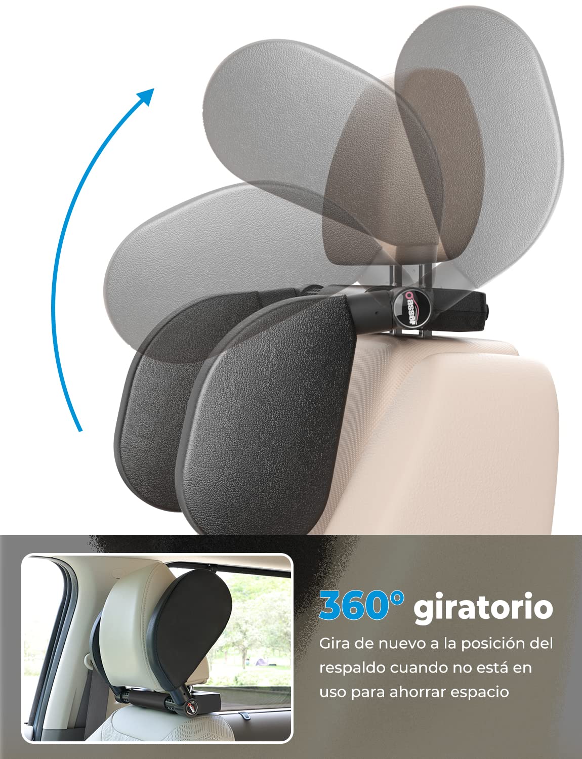 Oasser Reposacabezas Coche Reposacabezas Coche Niño 360 Grados Ajustable de Cuero Transpirable Apoya Cabeza Coche para Adultos Niño Negro — view 5