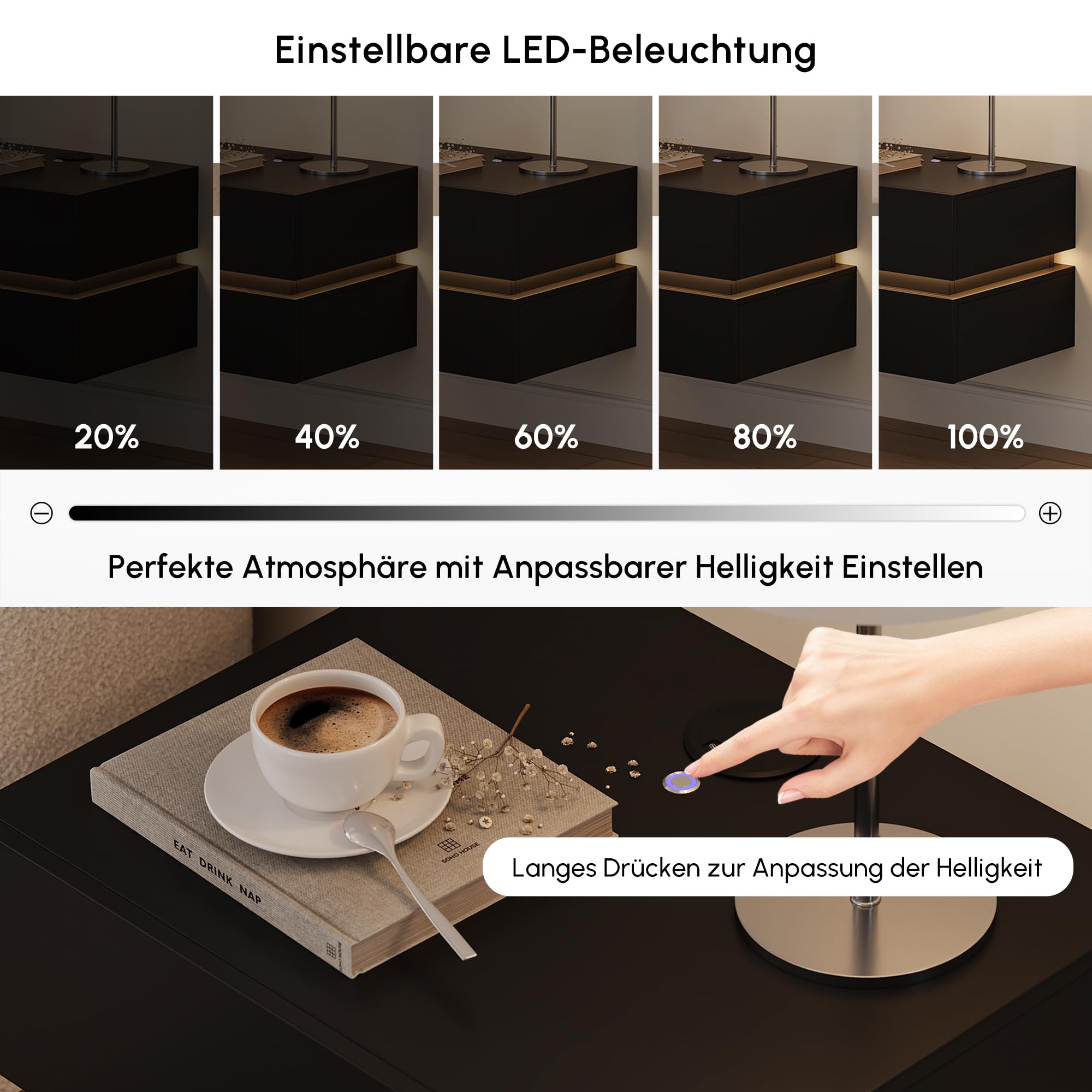 Homary Nachttisch 2er Set Schwebender Nachttisch mit 2 Schubladen, Lumio Nachttisch wandmontage mit LED-Beleuchtung und Ladestation, ideal als nachttisch hängend im Schlafzimmer in Schwarz, 2er Set
