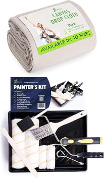 All Purpose Canvas Drop Cloth 9x12 Tarp, Canvas Fabric Drop Cloth Curtains, Drop Cloth for Painting & Painting Tool Kit with Roller Covers, Roller Frames, Brushes and Tray for Household Painting