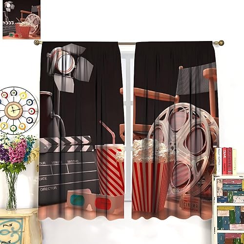 Miniatura 192 de Cortinas opacas para cine en casa, diseño retro moderno, tiras de película de palomitas de maíz para cámara de película, bolsillo para barra,