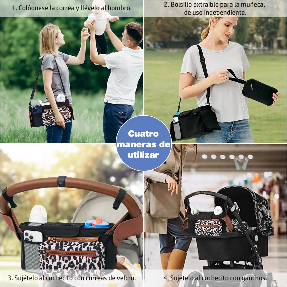 Borsa organizer per passeggino, borsa organizer per passeggino con portabicchieri isolato e tracolla regolabile, per pannolini e giocattoli, passeggino con 2 ganci (leopardo)