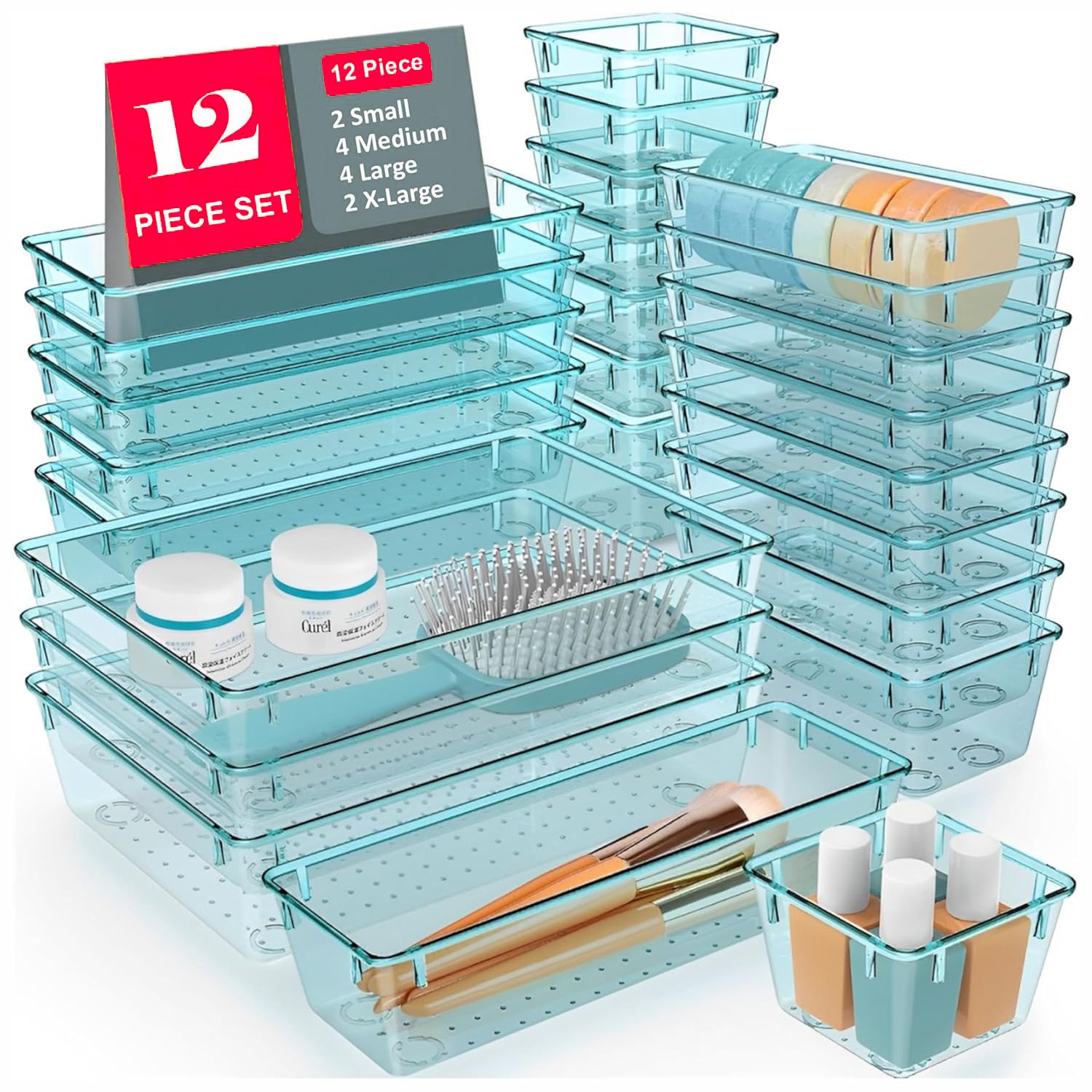 TEX-RO Drawer Organizer Tray/Multi-Purpose Drawers Organisers/Dressing Table Organiser & Make up Organiser/Perfect for Cosmetics, Jewelry, Kitchen and Bathroom (12 pcs, Sea-Blue)