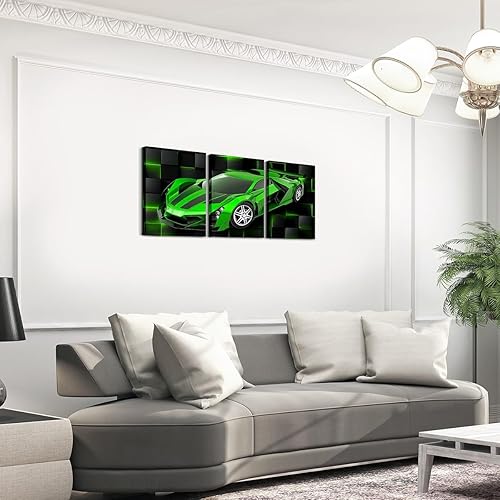 Miniatura 3 de Feelyou Cuadro verde de carreras para pared, 12 x 16 pulgadas, 3 piezas de autos deportivos de velocidad, lienzo para decoración de pared, diseño