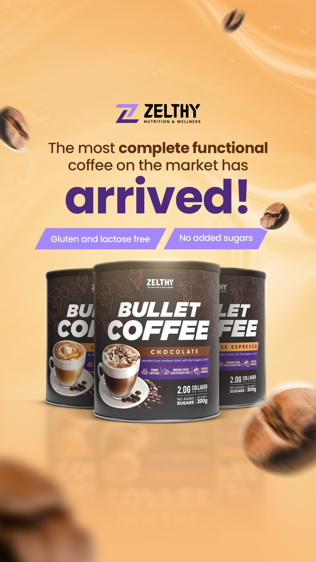 Zelthy Nutrition Bullet Coffee – Caffè funzionale con MCT, collagene e taurina – 300 g polvere senza zuccheri (Caramello salato)