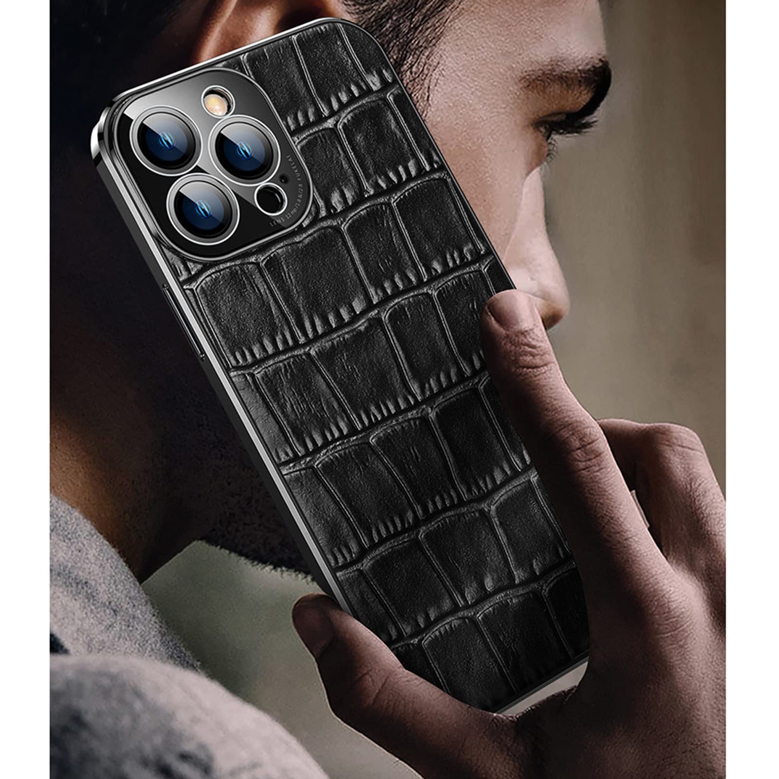 Funda para iPhone 13 Pro Max/13 Pro/13/13 Mini, Clásico Cocodrilo Patrón Ultra Fino Carcasa de Cuero Genuino con Protector de la Cámara,Azul,13 6.1"
