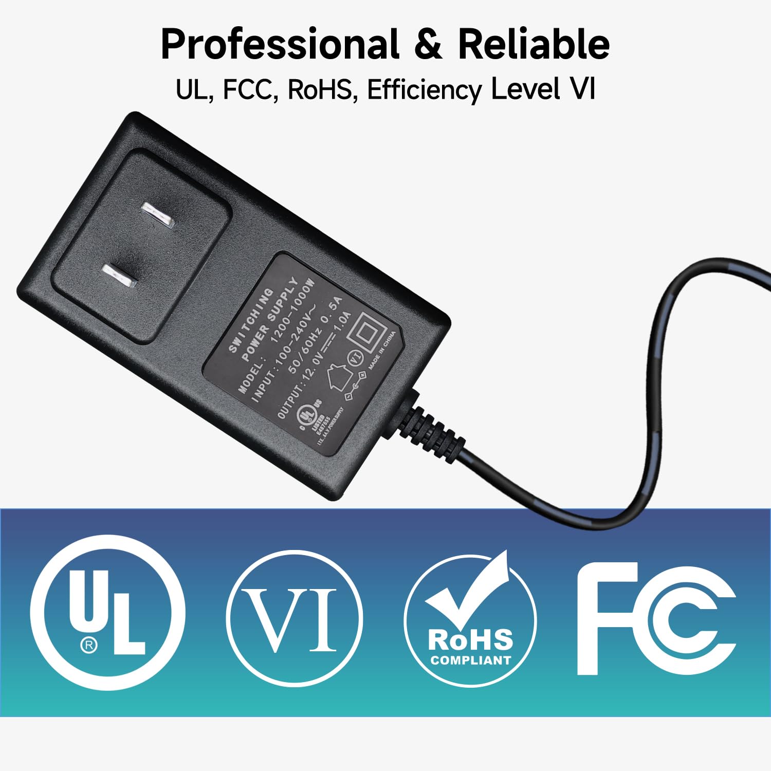 UL Listed 12V 1A 6ft Power Supply Adapter, 100-240V 50/60Hz AC to DC 12V 1000mA 800mA 600mA 500mA 300mA Universal AC Adapter with 5.5mm*2.1mm DC Plug, Center Positive
