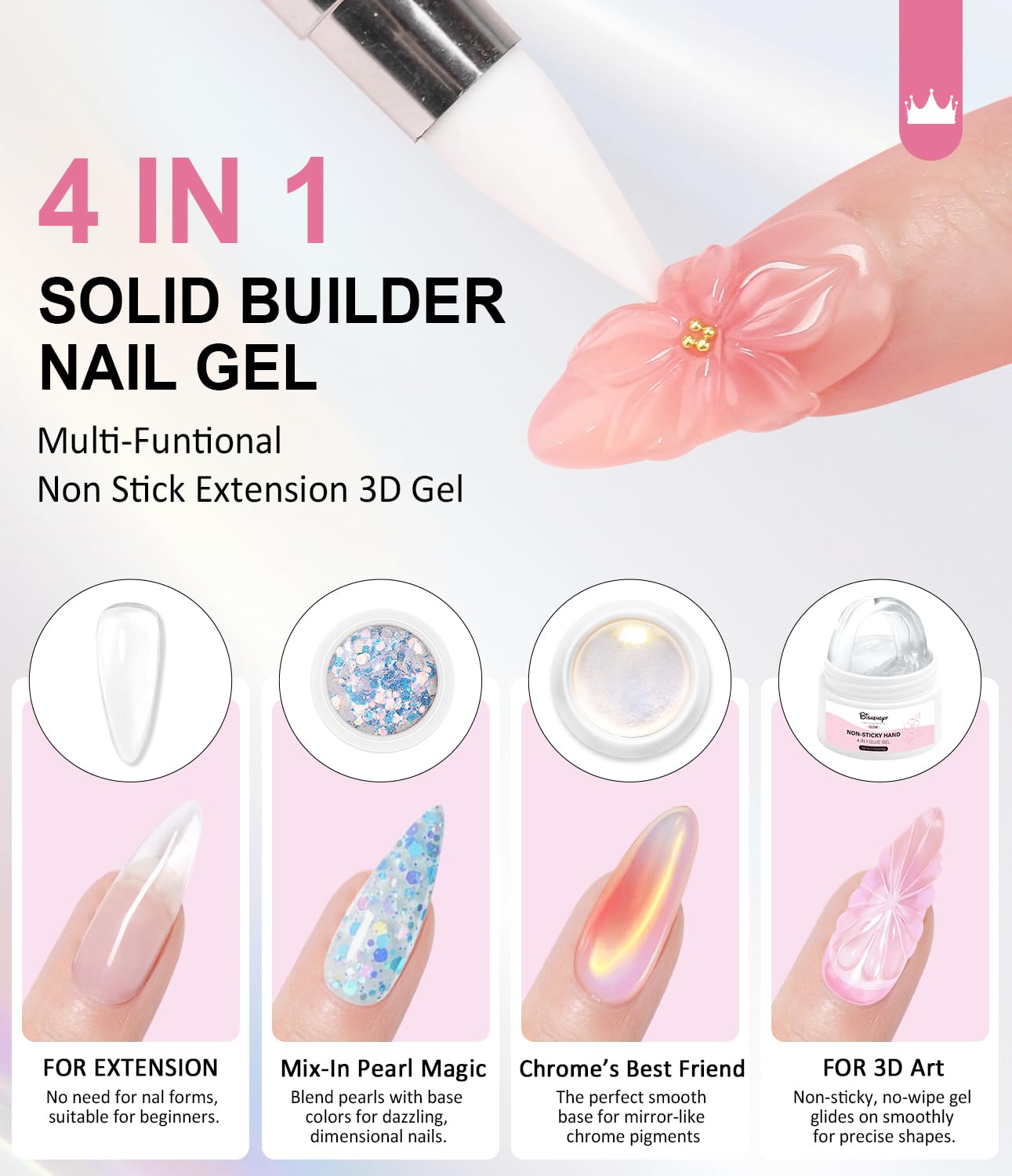 Solid Builder Gel for Nails BISHENGYF: Clear 3D Nail Gel Sculpting 30g Non-Sticky Hand With 3Pcs Yellow Pink Aurora White Pearl Chrome Nail Powder for Starter Nail Art Carving Extension DIY Salon Home - Image 3